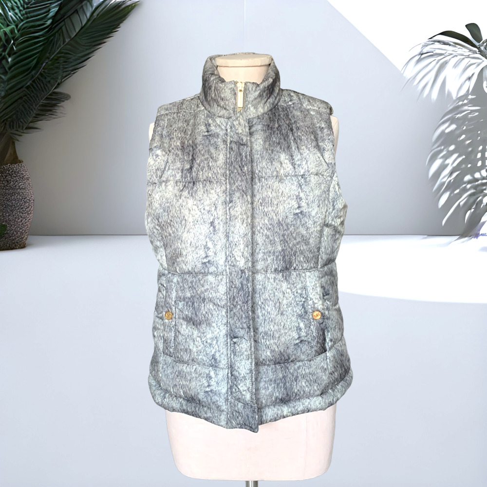 MICHAEL KORS Fur Print Down Puffer Vest Snap Closure Mock Neck Gray Medium